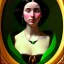 Placeholder: oil Portrait of a Black haired beautiful busty voluptous adult woman with emeralds necklace with big Green sad eyes looking to viewer by GRANT WOOD Ingres 8k