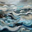 Placeholder: The abstract painting of a surreal, dreamlike landscape, which evokes a sense of mystery and introspection. The composition is divided into clear horizontal strips, each with its own textures, colors and shapes. At the bottom, undulating layers of earth tones and blues create a sense of depth and movement, reminiscent of a fragile body of water or a layered geological formation. This grounding base anchors the more ethereal elements above. From this base rises a lone, bare tree shown in silhou