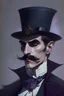 Placeholder: Strahd von Zarovich with a handlebar mustache wearing a top hat thinking deeply
