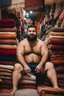 Placeholder: close up photography of a burly chubby muscular strong 26-year-old turkish man in Istanbul bazaar, shirtless, wearing shorts, short beard, selling carpets sitting on a pile of carpets, big shoulders, manly chest, very hairy, side light, view from the ground