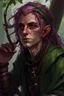 Placeholder: Middle aged wood elf, rogue assassin, dark copper skin, bright green eyes, messy mauve hair, sneaky, trees, stoner, long bow, black leather straps, disheveled, smoking weed