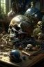 Placeholder: Bosch nightmares paint if style Title: skulls, spiders eyeglass earth globe model, human bones, "Bees, farm, snakes " Tuttle snakes, intricate insanely , scorpions ,detailed octane render trending on artstation, 8k artistic photography, photorealistic concept art, soft natural volumetric cinematic perfect light, chiaroscuro, award-winning photograph, masterpiece, oil on canvas, Raphael, Caravaggio, Greg Rutkowski, people, beksinski, Giger