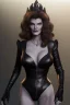 Placeholder: Rene Russo as evil queen in black leather, busty, cleavage, angry, stern look. character design by cory loftis. unreal engine 5, artistic lighting, highly detailed, photorealistic, fantasy