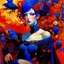 Placeholder: Art by Alice Rahon, Richard Burlet, Odilon Redon, Raymond Swanland, Andrey Remnev, Conrad Roset; Rebellious ravishing girl Rachel, regal in royal blue and ribuli, roaming through the radiant realm of the rainbow river valley with her ruby colored hair, meets a rare raven in a rolling hills of resplendent roses and rustling reeds, under a riotous reflective hues sky.