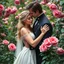 Placeholder: A hyper-realistic, A radiant woman in a romantic embrace with a gallant man, their figures framed by a lush garden of roses. ,fool size , Photo Real, 64k