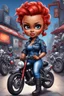 Placeholder: airbrush illustration of the chibi cartoon character, a voluptuous black female in a blue jean outfit with biker boots. Her prominent makeup and hazel eyes, along with her detailed red pixie haircut, are featured in this image, set against the background of a lively bike show.