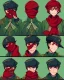 Placeholder: Manga comic character, short brown hair, smiling madly, dark green background, wears a green coat, wearing a cap from this coat covering part of his face (one of his eyes), red scarf and also has a light skin tone, red eyes and light in the place makes his face darker and more mysterious and his eyes glow red.