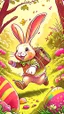 Placeholder: Easter bunny adventure, art, drawing, very illustrative, children book style, detailed, vibrant colors.