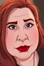 Placeholder: In a realistic, non-anime, cartoon style like: Portrait of 40-year old chubby redhead with thick red lips and smoky eyes with long lashes who looks like Jewel DeNyle