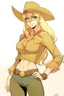 Placeholder: An anime style drawing of a buff cowgirl. she is blonde has sideburns. she is wearing chaps and a cowboy hat.