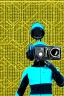 Placeholder: Metallic Cyber-punk style camera-mask and headphones. Large fencing mask covers cheeks. Trim man. Reflective plastic body surface, golden skin, full-coverage. Head full of integrated old-fashioned cameras and old telephones. Golden to cyan surfaces body. Perfect body. Equations, Euclidean 3D-tiling, Escher tiling. Soviet propaganda in 1990's. Cables in head. Daft Punk. Matrix leather jacket. Hoodie, beanie