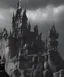 Placeholder: A large dark castle sitting on a cliffs edge ,black and white,horror