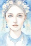 Placeholder: A stunning watercolor of a woman's face (tiny flowers), joyful glow, filigree work. Blue background