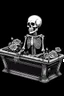 Placeholder: Skeleton Hugging a guitar in a Coffin, black roses as decoration, black and white graphic art