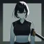 Placeholder: Clear focus,High resolution, black short fluffy hair, long fluffy bangs, and dark blue eyes, Depressed girl, wearing a black short shirt with a black sleeveless crop top, dark aura, controlling water, in a black room, holding a katana, Line art