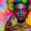 Placeholder: full body shot, masterpiece, best quality, man of median age, black skinned, sparkling eyes, fluorescent skin, colorful makeup, afro, highly detailed body, afrofuturism, scifi, sun light, 4K, RAW, depth of field, high contrast, realistic details, 24mm