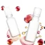 Placeholder: two cosmetics bottles are on a silk fabric, behind a beautiful floral spring floral background, the picture is top view, in the background there are beautiful soap bubbles, molecules and honeycombs, high-quality picture, top view