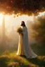 Placeholder: Jesus portrait, detail hands, at dawn by atey ghailan, golden light , white robe, holding leaves and flowers , 16k resolution, angels background, volumetric light, high detail, red leaf tree, mountains in background, perfect