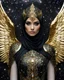 Placeholder: Photography A Length Super model Iranian Woman Hijab burka mask as Beautiful Archangel with wings made from metal craft,dressing luxurious golden and black color armor filigree fcombination fully crystals diamonds stone crystals,Cosmic Nebula Background