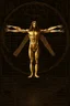 Placeholder: Human – Language – Computer. Leonardo da Vinci's Vitruvian man against the background of the matrix and the crumbling ones and zeroes.Solid science fiction, high resolution. Clear elaboration of all the details.