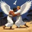 Placeholder: [illustration by Angus McBride] Jacob wrestling with angel