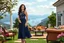 Placeholder: very beautiful lady with beautiful midi dark blue- jeweled lace skirt and top with curvy hair high heels standing in a nice villa yard with trees flowers,with a tras with lux furniture ,in country side in floor of beautiful mountains ,sea with ships ,water falls,16 by 9
