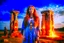 Placeholder: Full body shot of a tall slim red-headed young woman, dressed like a gipsy, standing in front of Stonehenge in a flaming circle