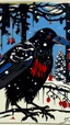 Placeholder: A contemporary serigraphy by Matisse of a human-like and happy crow adorned in a punk leather jacket within a snowy Christmas atmosphere.