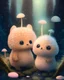 Placeholder: Two fuzzy fluffy boys in the forest with big cute heads, small body. Fox tails and ears. Brown pants. Big sparkly monster eyes. Soft baby pastel colours. Fuzzy and hairy. Sparkles around. underwater colours. sparkles. Soft toys. Happy. Mushrooms around and moss.