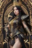 Placeholder: Realistic photography,front_view, (1Queen, looking at viewer), black long hair,traditional dress ornaments mechanical_armor, intricate armor, delicate golden filigree, intricate filigree, black metalic parts, detailed part, dynamic pose, abstrac background, dynamic lighting