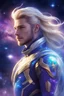 Placeholder: handsome man, cosmic traveler,guardian of galaxy, cosmic uniform gold, blue, purple wings, long hair, ponytail, blonde, white, blue highlights, space background, stars, milkyway, aurora lights