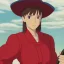 Placeholder: Lady with a talking red hat wearing a red leather jacket and red shirt skirt holding a guitar