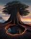 Placeholder: the base of a great redwood tree trunk takes up the majority of the screen. It is surrounded by ocean, which pours into the center of the charred wooden flesh. There are no mountains or other trees surrounding it, and there are no leaves.