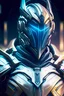 Placeholder: frontal portrait of a futuristic knight half-body, the knight inspired by warframe, in the background a circular sci-fi pattern