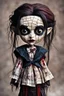 Placeholder: full color, illustration of a dark menacing Scottish vampire girl, tall and willowy , as a decayed, broken, crude homemade patchwork cloth doll toy, with a cracked porcelain face, thick dark eyebrows, hair made from ragged strips of cloth, in the style of Nadya Sheremet