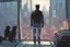 Placeholder: a man and a robot cat, cyberpunk, looking out a window at the city, fog, hovering cars, comic book art style, shirt, jeans,