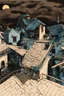 Placeholder: detailed view of city roofs and terraces at a moonlit night in silkscreen