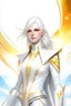 Placeholder: Très belle femme galactique commandant d'une flotte de vaisseaux, archcange aux cheveux blancs, combinaison blanche lumière et dorée très haut grade et très féminine. Dans un vaisseau blanc et très lumineux.