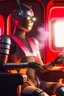 Placeholder: portrait of futuristic space robot holding lotsa phones chatbot smoking a sigar on a throne in a fast bullet train , smoke, 4k, downlight, soft light, depth of field, photorealism