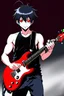Placeholder: 1man, 30 years old, playing electric guitar, at a midnight concert, manly facial features, red creepy alien bug eyes, black hair, athletic build, correct hands, in the style of manga "Rosario+Vampire"