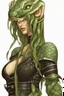 Placeholder: female snake humanoid, green scales, wearing a black leather armor, dungeons and dragons