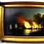 Placeholder: 1700s french painting, paint, warship burning, fire, ocean, night