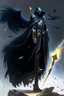 Placeholder: A commander with a black cloak and a long coat with long combat boots and a long spear with his Helmet is golden under his cloak like assasins With a magical power in his hand and a white anklet and boots With blue flame eyes,It has two black wings on its back,Standing on top of a rock