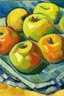 Placeholder: Abstract impasto oil painting of an apples on a table cezanne