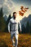 Placeholder: running men portrait , white jogging suite , in the sunset Alps, golden light , holding leaves and flowers , angels background, volumetric light, high detail, dark leaf tree, dark mountains in background, perfect