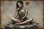 Placeholder: A sad and broken beautiful young woman is sitting on a stone holding a broken metal heart in her hands; perfect anatomically correct hands, perfect anatomically correct feet, mixed media collage, textured, layered, assemblage, inspired by Brian Viveros and Esao Andrews, elements of kintsugi on the edges of the heart with a gold and oxidized copper patina, backdrop of tumbleweeds and cacti interspersed with delicate flowers and subtle bokeh effects, the entire composition exuding an aura of grief