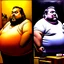 Placeholder: (fineart:1.5, masterpiece1.5) (realism:1.5) award winning picture of award winning fat, beardedd, 'fat man' (watching tv:1.8),, two panels, 50 percent is taken from the pov of the tv, the other 50 pefect is from the point of view of 'fat man', his vision streaks of blue from the tv shining in his eyes, breaking news is on tv