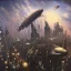 Placeholder: Steampunk scene of futuristic Victoria,space, fantasy airships flying over Manhattan in a cloudy sky,Giant sci-fi super-panzer in the style of John Berkey