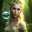 Placeholder: romantic fantasy spray painting, portrait of ultracute green eyed blonde robed elf poet with halo sitting in huge marble , bubbles, loosing torch in magical forest, foliage frame