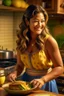 Placeholder: Gina Rodriguez cooking, first transformation hits. Torso undergoes change: golden radiance, pronounced curves, idealized Germanic aesthetic, dirndl-clad, embroidered details, blonde allure, traditional elegance, cooking in transformed grace, enchanting essence, harmonious blend, ethereal energy, vibrant transformation, mesmerizing allure, sophisticated refinement, cultural charm.